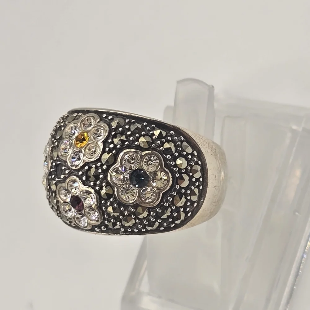 Sterling Silver Marcasite & Tiny Gemstone Flower Ring,  Size 6.75